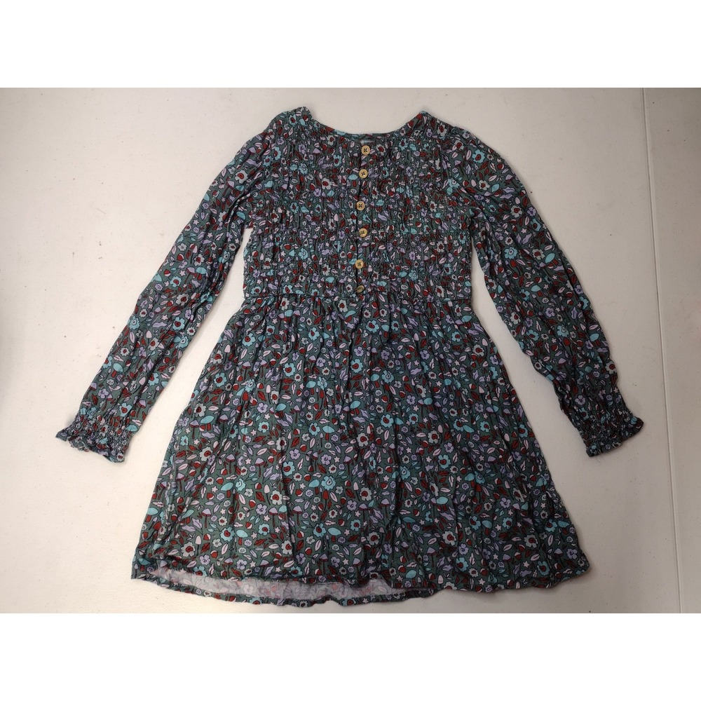 Cat & Jack Girls Green Floral Mushroom Smocked Long Sleeve Dress Size S 6/7
